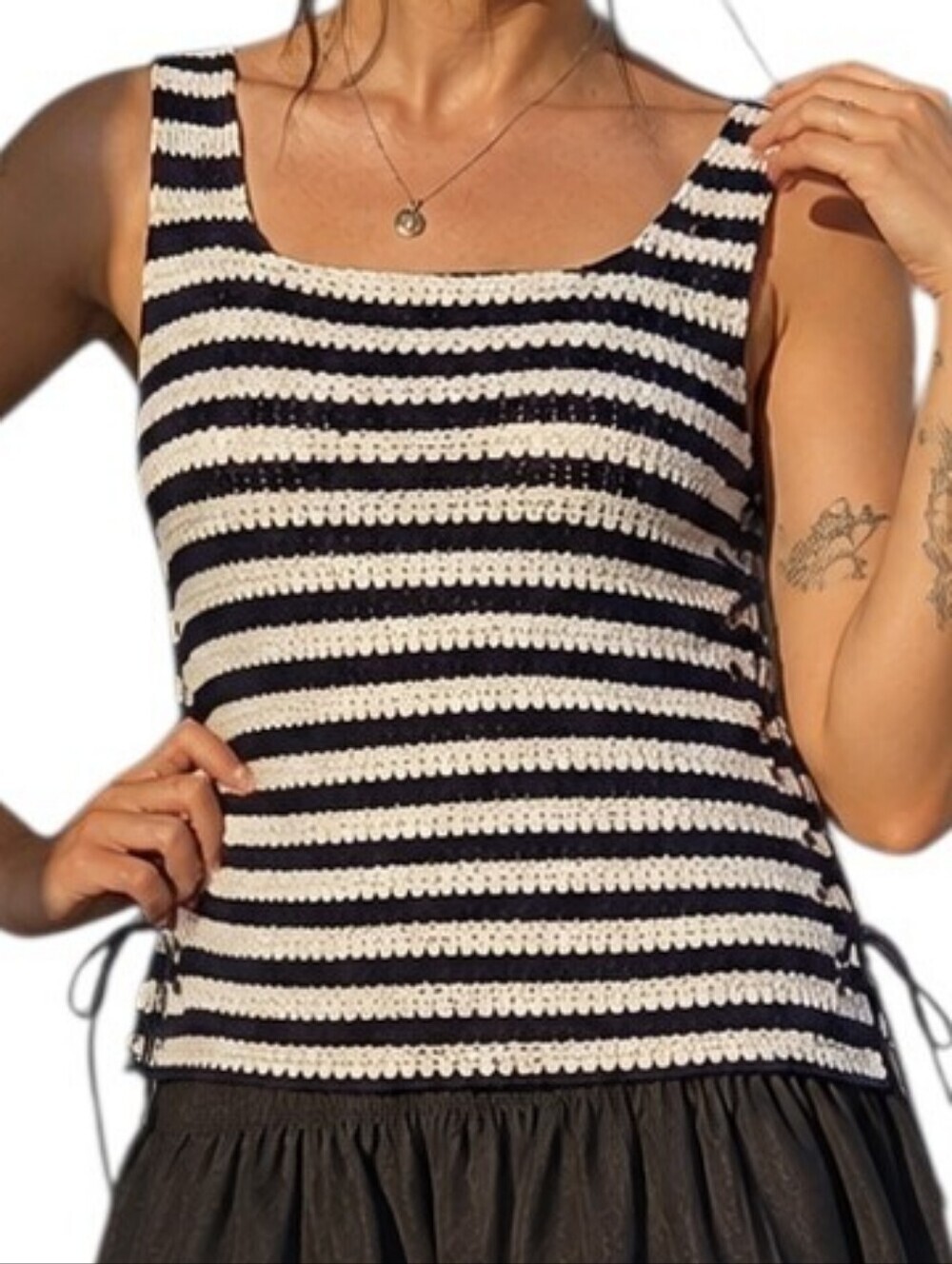 Black Swan Crochet Tank Top Women 8 Navy White Striped Coastal